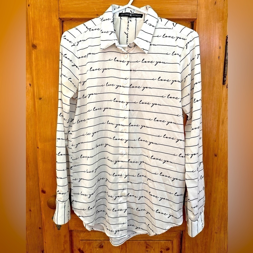 Second Sunday Button Down Blouse White w/Black I Love You Sz S Whimsigoth